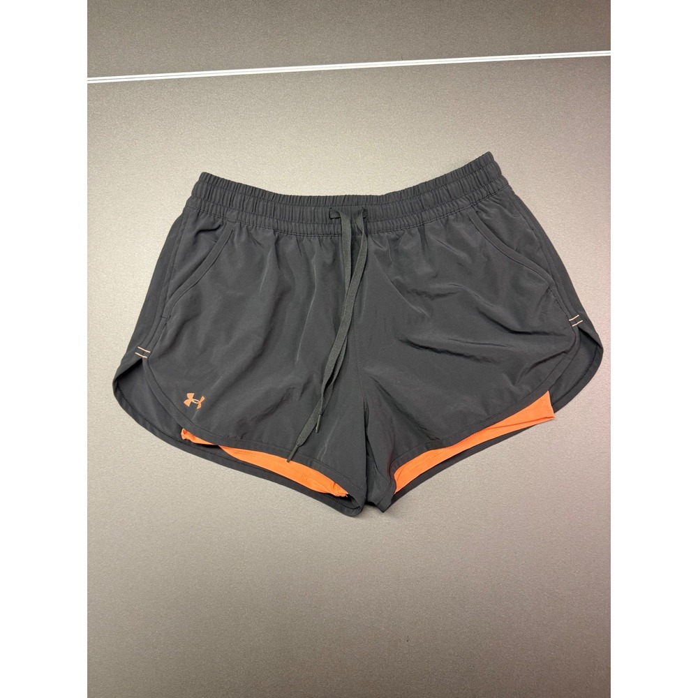 Under Armour Womens 2-in-1 Running Shorts Grey Orange Compression Liner Pockets